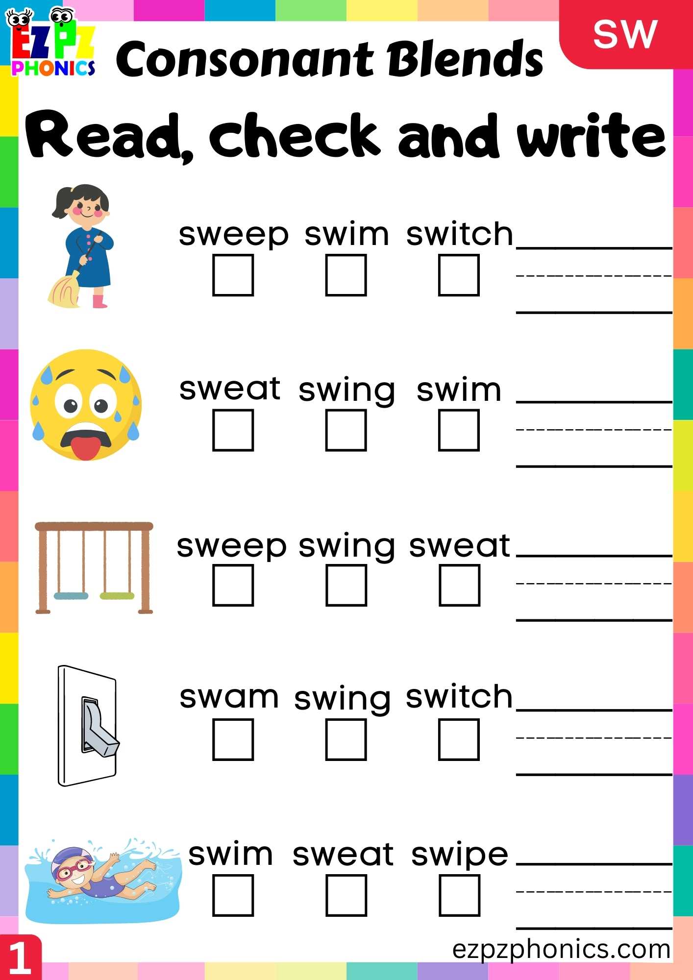 Group1 SW Words Read, Check And Write Phonics Consonant Blends Worksheet